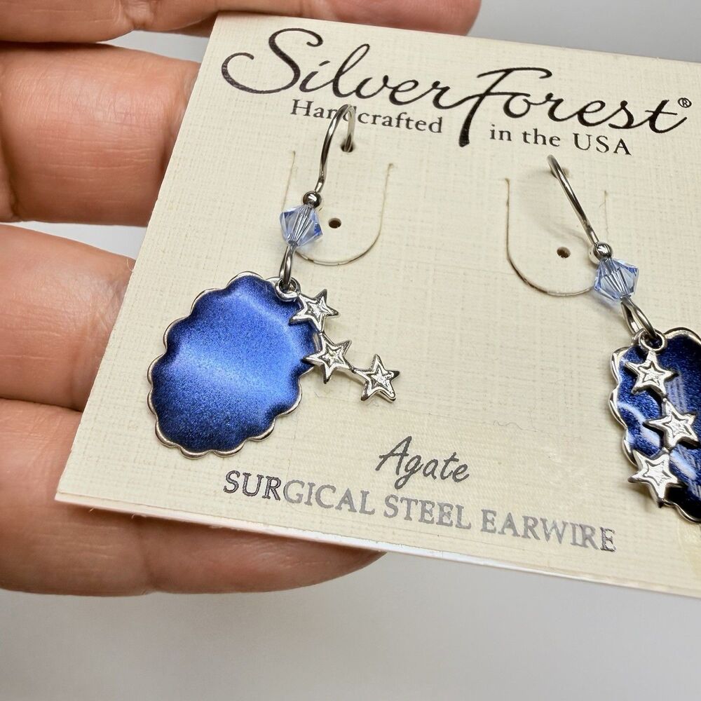 Silver Forest Blue And Silver Star Dangle Earrings New - Picture 2 of 6